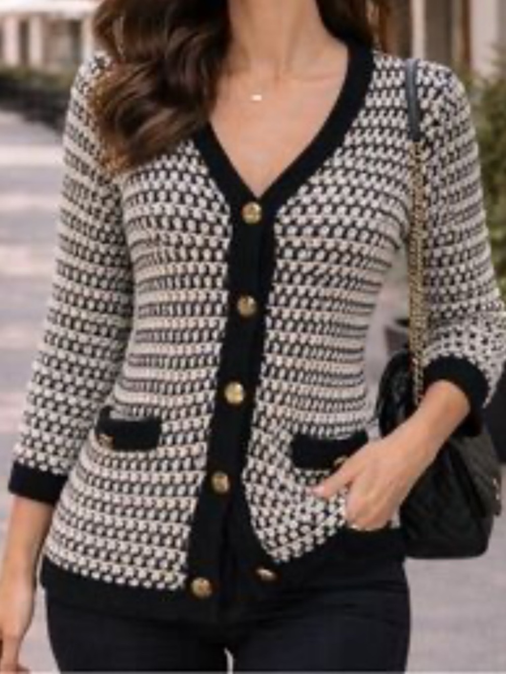 CAbi Black & White Knit Classic Cardigan Sweater Med. Old Money Style